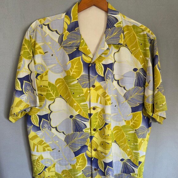 Tommy Bahama Shirt Men’s 100% Silk Hawaiian Floral Palm Fronds Yellow Blue Sz L - Picture 3 of 6